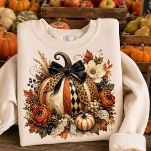 May include: Cream-colored sweatshirt featuring a detailed pumpkin design. The pumpkin has a black bow with a leopard print accent, orange and white stripes, and a black and white diamond pattern. Surrounding the pumpkin are fall-themed floral and leaf accents.