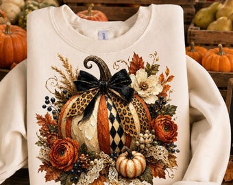 Calabaza a cuadros PNG, diseño de camisa de calabaza floral otoñal Coquette, borde de encaje con lazo de leopardo para otoño PNG, sudadera de moda para otoño por sublimación