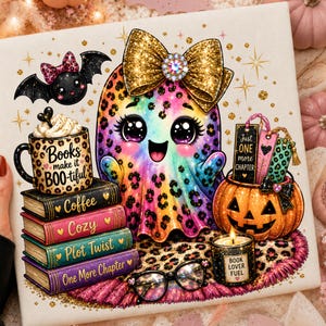 May include: A colorful illustration featuring a rainbow leopard-print ghost with a large gold bow, a mug labeled 'Books make it BOO-tiful' on a stack of books, a jack-o'-lantern with bookmarks, a candle labeled 'BOOK LOVER FUEL', and glasses.