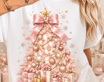 Harlequin Christmas Tree PNG, Pinkmas Coquette Bow Sublimation, Pink Ornament Tree with Pearl & Gold Garlands, Girly Christmas DTF Design