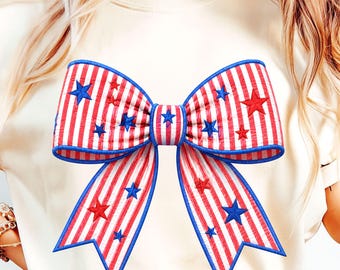 Seersucker & Stars patriotisk rosett PNG, fjärde juli-rosett PNG, Americana Coquette-rosett, röd vit blå sublimeringsskjortadesign