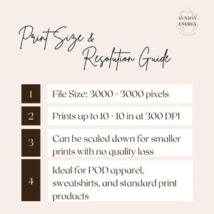 rint size and resolution guide slide for digital PNG file. Details file size 3000 by 3000 pixels, prints up to 10 by 10 inches at 300 DPI, scalable for smaller prints without quality loss, and ideal for POD apparel and sweatshirts. Neutral aesthetic branding slide for Etsy digital download listings and sublimation graphics.