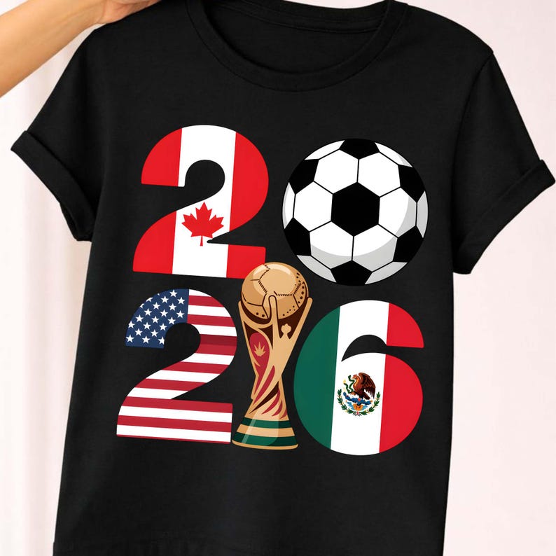 Soccer 2026 design featuring USA, Canada, and Mexico flag inspired numbers with soccer ball and trophy graphics in a clean grid layout. High resolution PNG with transparent background ideal for t-shirts, sublimation, DTF printing, and DIY apparel projects. Great for soccer fans, international football themes, and sports merchandise with bold modern styling.