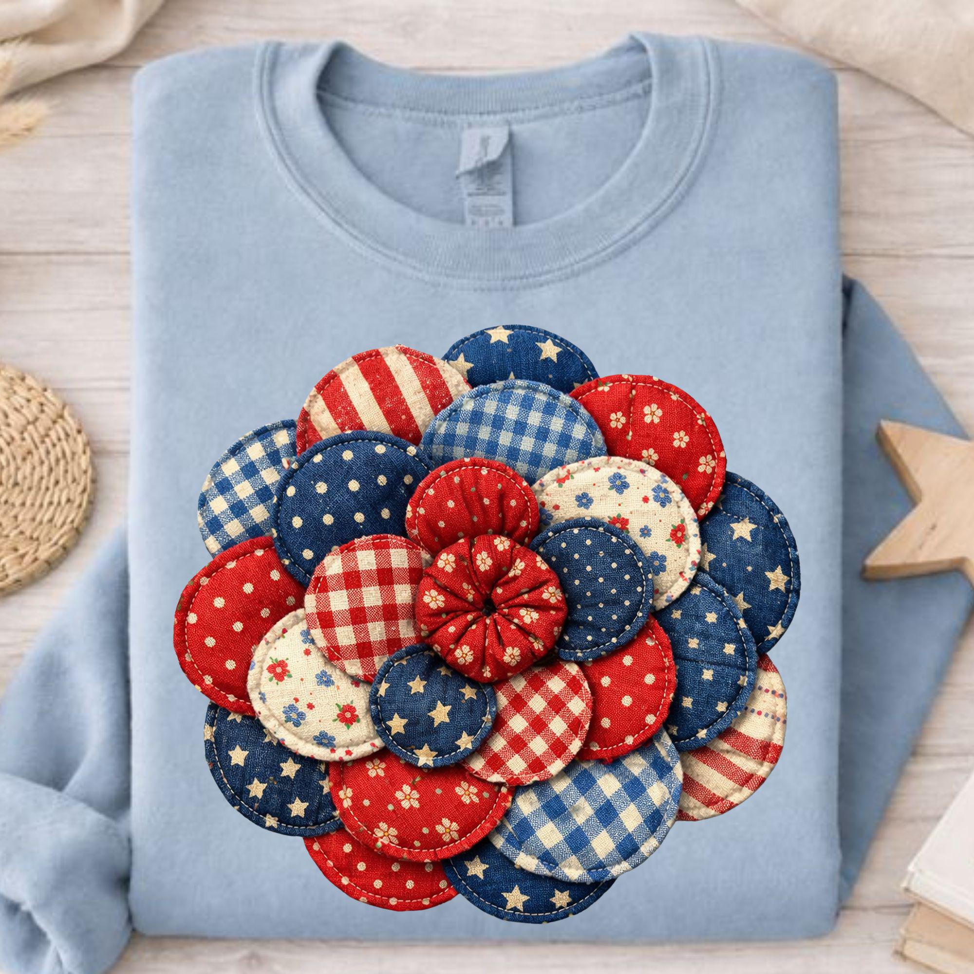Patchwork Fourth of July Flower PNG, Patriotic Yo Yo Quilt Flower ...