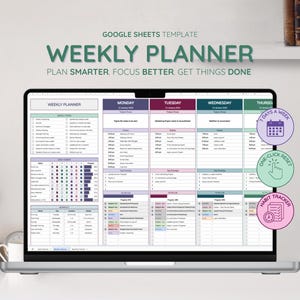 Op de afbeelding: Een laptop toont een Google Sheets wekelijkse planner sjabloon. Het scherm toont een gedetailleerd schema met secties voor elke dag, inclusief takenlijsten en tijdsperioden. De tekst "WEEKLY PLANNER" is prominent aanwezig.