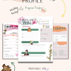 May include: A printable PDF skincare journal with a floral design. The journal includes sections for daily routines, progress tracking, and aftercare tips. The text includes "Clients Facial Profile", "Skincare Daily Journal", and "Product Log".