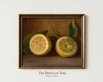 May include: A framed vintage still life painting featuring two halved lemons with green leaves. The lemons are yellow with visible seeds, set against a brown background. The frame is a dark, ornate gold color. The text "The Prints of Time Vintage Collection" is at the bottom.