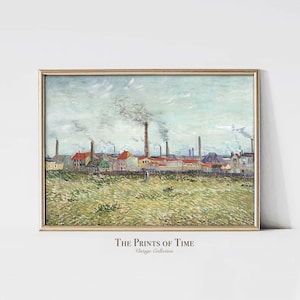 以下が含まれることがあります： 工場と煙突のある産業風景の額入りヴィンテージプリント。アートワークは、建物と空に焦点を当てた、落ち着いた色使いを使用しています。「THE PRINTS OF TIME Vintage Collection」というテキストが下にあります。