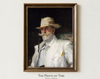May include: A framed vintage portrait of a distinguished gentleman in a white suit and hat, holding a pipe. The painting features a detailed depiction of the man's face and attire, with a dark background. The frame is a warm, golden brown.