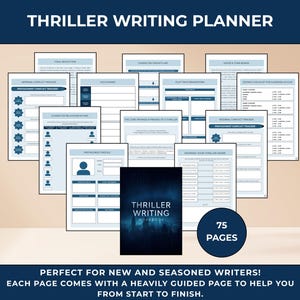 Può includere: Un pianificatore di scrittura thriller con una copertina blu scuro e il titolo "Thriller Writing Workbook". Il pianificatore include vari fogli di lavoro e guide per scrittori, con il testo "75 pagine". Il testo in basso recita "Perfetto per scrittori nuovi ed esperti!"
