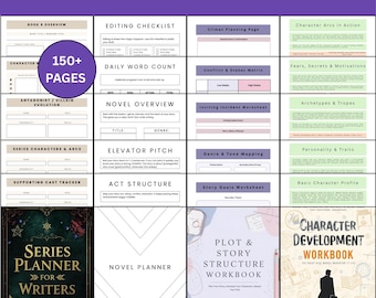 May include: The Novel Builder Bundle, a collection of writing resources. Includes worksheets for character development, plot structure, and novel planning. Features a series planner, editing checklist, and over 150 pages of content. The bundle is designed for writers.