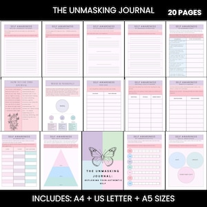 May include: A journal titled "The Unmasking Journal" with 20 pages, featuring self-awareness prompts and exercises. The cover includes a butterfly graphic and the text "Exploring Your Authentic Self." Includes A4, US Letter, and A5 sizes.