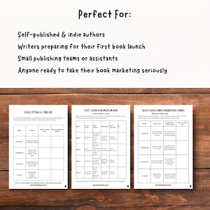 Puede incluir: Una superficie de madera muestra tres hojas blancas con plantillas de marketing y el texto "Perfect For: Self-published & indie authors...". Las hojas incluyen una l&iacute;nea de tiempo de establecimiento de objetivos, un mapa de impulso posterior al lanzamiento y un embudo de marketing simple.