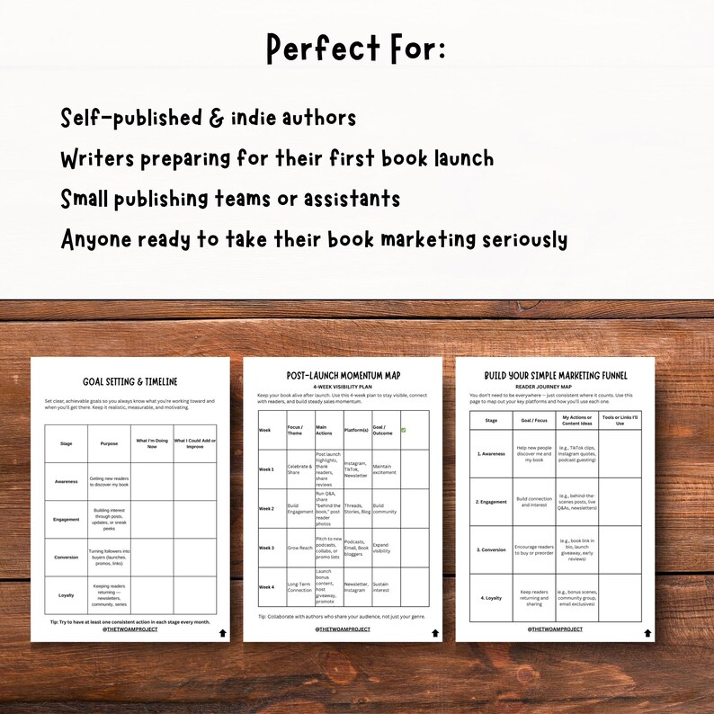 Puede incluir: Una superficie de madera muestra tres hojas blancas con plantillas de marketing y el texto "Perfect For: Self-published & indie authors...". Las hojas incluyen una l&iacute;nea de tiempo de establecimiento de objetivos, un mapa de impulso posterior al lanzamiento y un embudo de marketing simple.