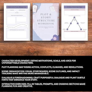 May include: A workbook with a light purple cover titled "Plot & Story Structure Workbook" sits on a wooden surface. The workbook includes pages for genre mapping, climax planning, and character development. Text on the cover reads "Plan Your Story, Develop Your Characters, Master Your Plot."