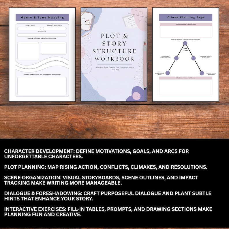 May include: A workbook with a light purple cover titled "Plot & Story Structure Workbook" sits on a wooden surface. The workbook includes pages for genre mapping, climax planning, and character development. Text on the cover reads "Plan Your Story, Develop Your Characters, Master Your Plot."