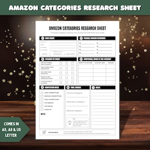 K&ouml;nnte beinhalten: Ein wei&szlig;es Forschungsblatt mit dem Titel Amazon Categories Research Sheet mit sieben nummerierten Abschnitten zur Buchplanung. Das Dokument enth&auml;lt Felder f&uuml;r Buchgrundlagen, Kategoriepr&uuml;fungen, Wettbewerbsnotizen, Endauswahlen und Notizen.