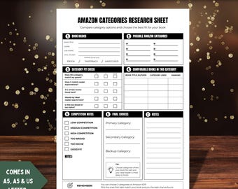 Hoja de investigación de categorías de Amazon, planificador de categorías de libros de KDP, hoja de trabajo para autopublicación, imprimible para autores independientes, herramienta de investigación de libros