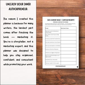 Puede incluir: Un planificador con el texto "UNLEASH YOUR INNER AUTHORPRENEUR." El planificador incluye indicaciones para que los escritores se mantengan organizados y consistentes con el marketing. Una segunda p&aacute;gina enumera 365 ideas de contenido y indicaciones de subt&iacute;tulos.