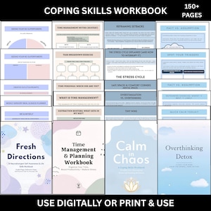 Puede incluir: Un cuaderno de trabajo titulado "Coping Skills Workbook" con el texto "150+ PAGES" en la parte superior. El cuaderno incluye secciones sobre gestión del tiempo, estrés y autoconciencia. Las portadas muestran los títulos "Fresh Directions" y "Time Management & Planning Workbook".