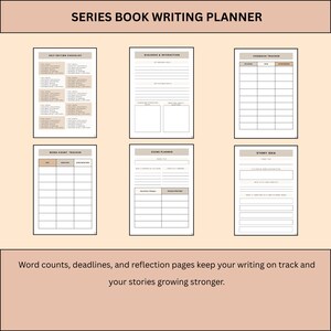 May include: A series book writing planner with six pages. The pages include a self-editing checklist, dialogue and interaction, feedback tracker, word count tracker, scene planner, and story idea pages. The text at the top reads "SERIES BOOK WRITING PLANNER".