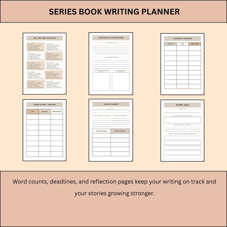 May include: A series book writing planner with six pages. The pages include a self-editing checklist, dialogue and interaction, feedback tracker, word count tracker, scene planner, and story idea pages. The text at the top reads "SERIES BOOK WRITING PLANNER".