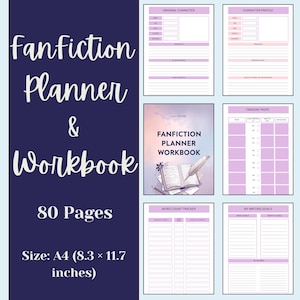 Puede incluir: Un planificador y cuaderno de trabajo de fanfiction azul marino con 80 páginas. La portada presenta el título y una ilustración de un libro y una pluma. Tamaño A4 (21,0 x 29,7 cm). Incluye perfiles de personajes, objetivos de escritura y contadores de palabras.