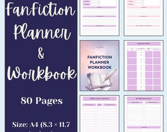 May include: A navy blue Fanfiction Planner & Workbook with 80 pages. The cover features the title and an illustration of a book and quill. The size is A4 (8.3 x 11.7 inches). Includes character profiles, writing goals, and word count trackers.