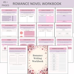 Puede incluir: Un cuaderno de trabajo para escribir novelas románticas, con varias plantillas y guías. La portada presenta el título "Romance Writing Workbook" con ilustraciones florales y de corazón. Incluye hojas de trabajo para listas de verificación de escenas, arcos de personajes y ritmos de relación.