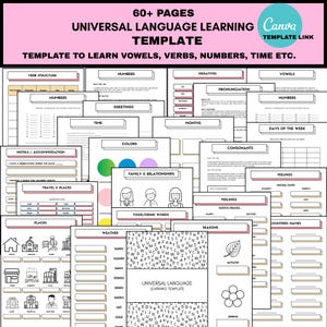 Puede incluir: Una plantilla universal de aprendizaje de idiomas con más de 60 páginas. La plantilla incluye secciones para vocales, verbos, números, tiempo, etc. El diseño presenta un encabezado rosa con el texto "Universal Language Learning Template".