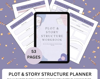Könnte beinhalten: Ein digitales Tablet mit einem "Plot & Story Structure Workbook" mit 53 Seiten, umgeben von Arbeitsblättern zur Story-Planung. Das Bild zeigt den Text: "Plot & Story Structure Planner" und "Fully guided pages & instructions". Der Hintergrund ist hellviolett.