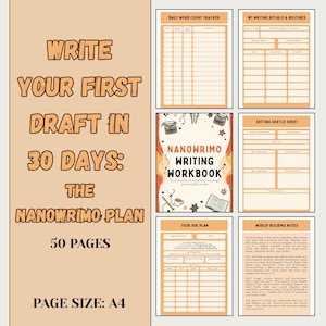 Puede incluir: Un cuaderno de trabajo de escritura con una portada beige, con indicaciones para escribir una novela en 30 días. El texto de la portada dice: "Write Your First Draft in 30 Days: The NaNoWriMo Plan." Incluye páginas de tamaño A4.