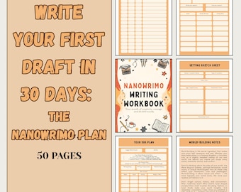 May include: A workbook with a beige cover and various writing prompts. The cover text reads "Write Your First Draft in 30 Days: The NaNoWriMo Plan." Includes pages for daily word count, writing rituals, and world-building notes. Page size is A4.