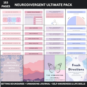 Peut inclure: Un cahier intitulé "Neurodivergent Ultimate Pack" de 153 pages. La couverture présente un papillon et le texte "The Unmasking Journal: Exploring Your Authentic." Le cahier comprend des sections sur les limites, la conscience de soi et les compétences de vie.