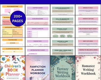 May include: A writing bundle with over 200 pages, featuring planners for children's books, fanfiction, fantasy, and romance. Includes brainstorming, character development, and story idea pages. The title reads: 'The Genre Lovers' Writing Bundle'.