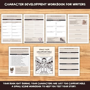 Puede incluir: Un cuaderno de trabajo de desarrollo de personajes para escritores que presenta siete páginas con texto y gráficos en negro sobre un fondo beige claro. Las páginas incluyen títulos como Build the Impossible Choice, Rescue One Flat Scene, Make the Consequences Last, Remove the Escape Route, Is Your Character Actually Under Pressure, Make Them Uncomfortable y Find Their Comfort Zone.