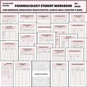 May include: A pharmacology student workbook with over 30 pages, including dosage calculation, medication practice, and exam prep. The workbook includes various templates, trackers, and practice sheets. The cover features the text "Pharmacology Workbook".