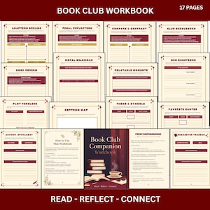 May include: A maroon and cream-colored book club workbook with 17 pages. The cover features a stack of books, a teacup, and the title "Book Club Companion Workbook." Inside, pages include prompts for discussion, reflection, and character tracking.