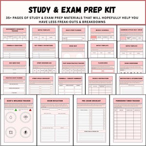 May include: A pink and white study and exam prep kit with various printable templates, including assignment trackers, study planners, and flashcards. The kit includes a sleep and wellness tracker and a Pomodoro timer tracker. Text at the top reads "Study & Exam Prep Kit".