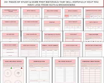 May include: A pink and white study and exam prep kit with various printable templates, including assignment trackers, study planners, and flashcards. The kit includes a sleep and wellness tracker and a Pomodoro timer tracker. Text at the top reads "Study & Exam Prep Kit".