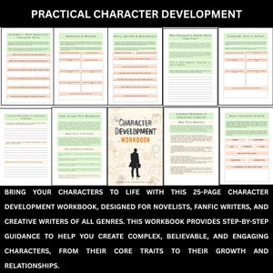 May include: A character development workbook with a black silhouette of a person holding a briefcase on the cover. The workbook includes pages on character strengths, backstory, fears, and character arcs. The text reads "Practical Character Development."