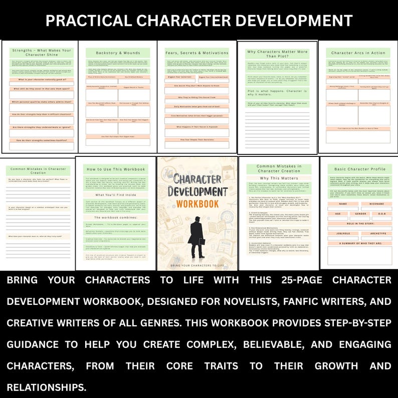 May include: A character development workbook with a black silhouette of a person holding a briefcase on the cover. The workbook includes pages on character strengths, backstory, fears, and character arcs. The text reads "Practical Character Development."
