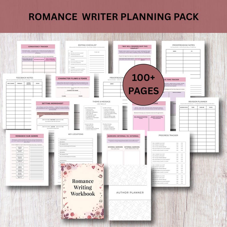 May include: A collection of printable planning pages for romance writers. The pack includes worksheets for character flaws, setting, theme, and revision, with a workbook and author planner. The pages are white with pink accents and the text "Romance Writer Planning Pack".