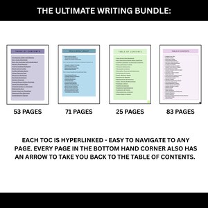 May include: The Ultimate Writing Bundle, featuring four colorful documents with tables of contents. Each document displays a different page count: 53, 71, 25, and 83 pages. The text states that each table of contents is hyperlinked for easy navigation.