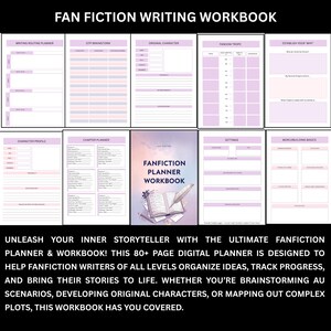 May include: A digital fanfiction writing workbook with various planning pages. The workbook includes sections for character profiles, chapter planning, and worldbuilding. The cover features the title "Fanfiction Planner Workbook" with an illustration of a book and quill.