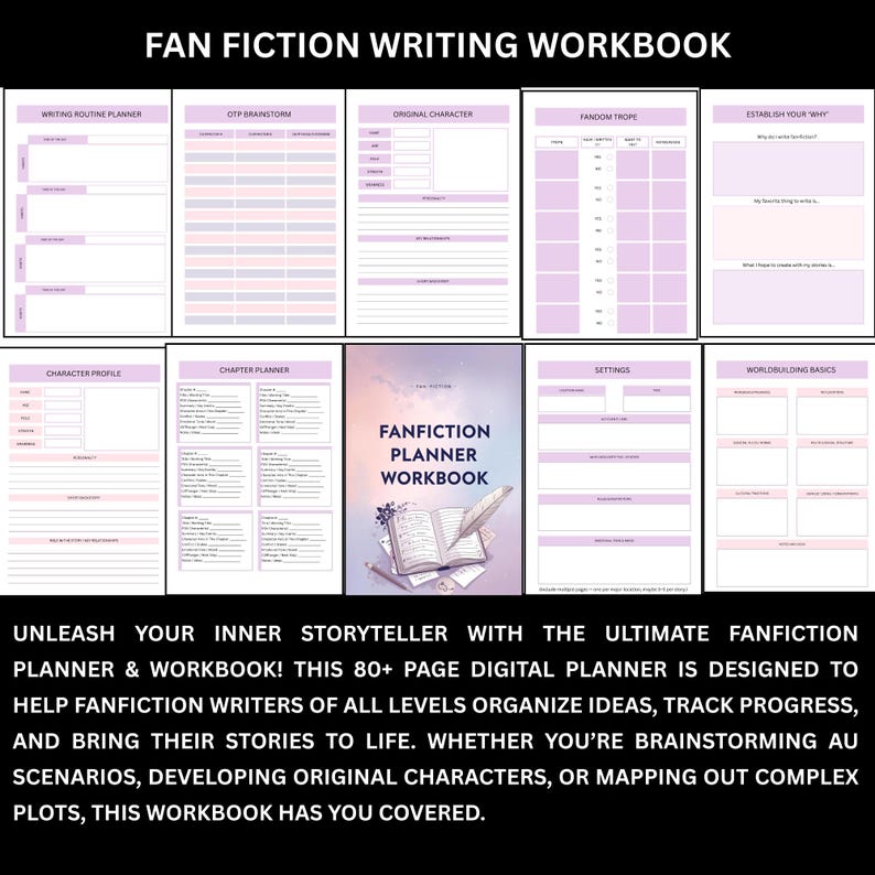 May include: A digital fanfiction writing workbook with various planning pages. The workbook includes sections for character profiles, chapter planning, and worldbuilding. The cover features the title "Fanfiction Planner Workbook" with an illustration of a book and quill.