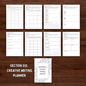 Puede incluir: Un planificador de escritura creativa con varias p&aacute;ginas de planificaci&oacute;n, incluyendo planificadores de cap&iacute;tulos, di&aacute;logos y escenas. El planificador es blanco con texto negro y se muestra sobre una superficie de madera oscura. La portada es blanca con arte lineal floral y el texto "Section 6: Creative Writing Planner."