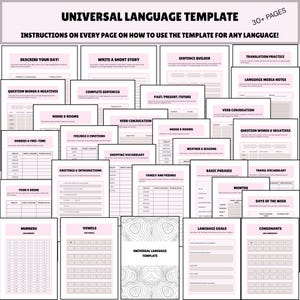 Puede incluir: Un conjunto de plantillas imprimibles para el aprendizaje de idiomas con acentos rosas. Las plantillas cubren varios temas, incluyendo la construcción de oraciones, la conjugación de verbos y el vocabulario. El texto "UNIVERSAL LANGUAGE TEMPLATE" se muestra en la parte superior, con "30+ PAGES" e instrucciones.