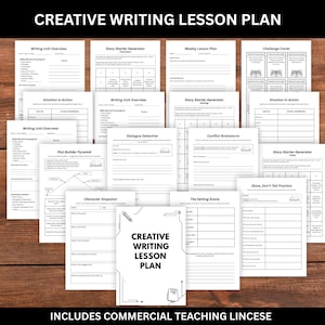 Może przedstawiać: Zestaw białych arkuszy roboczych do planów lekcji pisania kreatywnego, zawierających tytuły takie jak "Writing Unit Overview" i "Story Starter Generator". Okładka brzmi "Creative Writing Lesson Plan". Obraz zawiera tekst "Includes Commercial Teaching License."