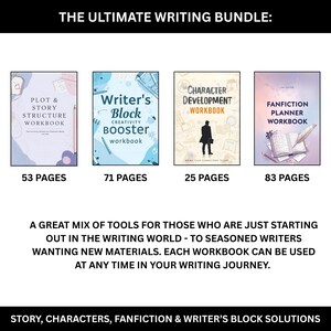 May include: The Ultimate Writing Bundle includes four workbooks: Plot & Story Structure, Writer's Block Creativity Booster, Character Development, and Fanfiction Planner. Each workbook has a different page count, with the highest being 83 pages. The bundle is designed for writers of all levels.